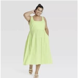 Ava & Viv Plus Size Sleeveless Tie Back Tiered Dress Pockets Green X 14W